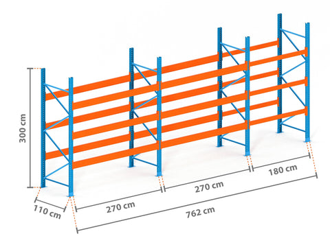7.6m Palettenregal mit 9.000kg Feldlast | 110cm tief | 3.0m hoch | 3 Ebenen für 32 Europaletten