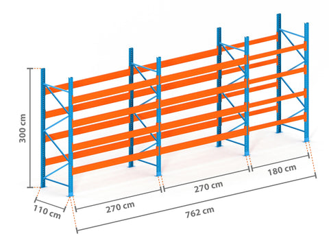 7.6m Palettenregal mit 9.000kg Feldlast | 110cm tief | 3.0m hoch | 4 Ebenen für 40 Europaletten