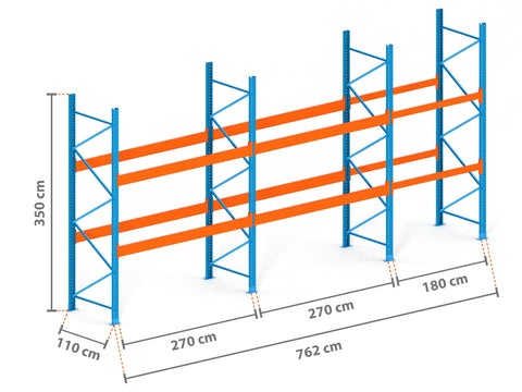 7.6m Palettenregal mit 9.000kg Feldlast | 110cm tief | 3.5m hoch | 2 Ebenen für 24 Europaletten