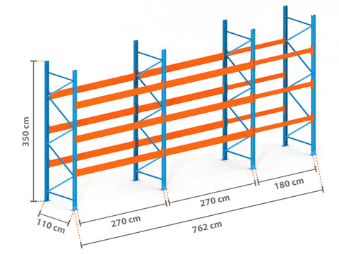 7.6m Palettenregal mit 9.000kg Feldlast | 110cm tief | 3.5m hoch | 3 Ebenen für 32 Europaletten