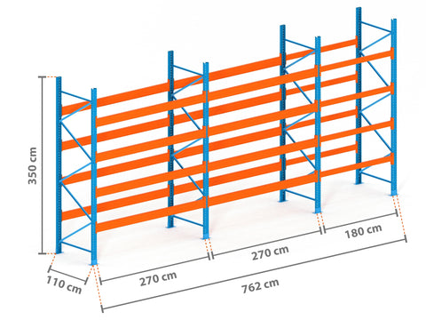 7.6m Palettenregal mit 9.000kg Feldlast | 110cm tief | 3.5m hoch | 4 Ebenen für 40 Europaletten