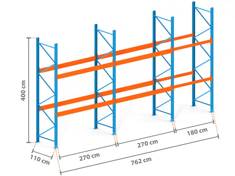 7.6m Palettenregal mit 9.000kg Feldlast | 110cm tief | 4.0m hoch | 2 Ebenen für 24 Europaletten