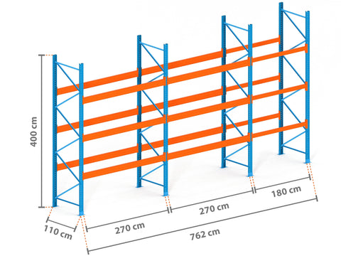 7.6m Palettenregal mit 9.000kg Feldlast | 110cm tief | 4.0m hoch | 3 Ebenen für 32 Europaletten
