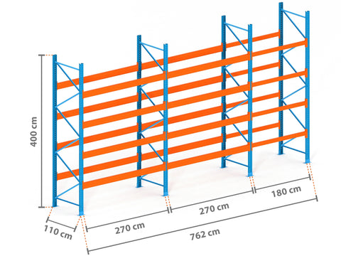 7.6m Palettenregal mit 9.000kg Feldlast | 110cm tief | 4.0m hoch | 4 Ebenen für 40 Europaletten