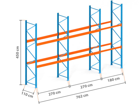 7.6m Palettenregal mit 9.000kg Feldlast | 110cm tief | 4.5m hoch | 2 Ebenen für 24 Europaletten