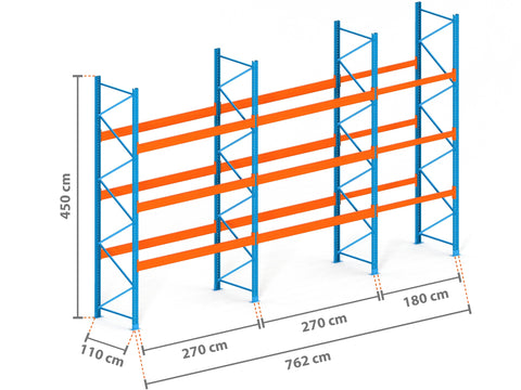 7.6m Palettenregal mit 9.000kg Feldlast | 110cm tief | 4.5m hoch | 3 Ebenen für 32 Europaletten