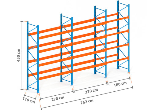 7.6m Palettenregal mit 9.000kg Feldlast | 110cm tief | 4.5m hoch | 4 Ebenen für 40 Europaletten