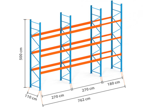 7.6m Palettenregal mit 9.000kg Feldlast | 110cm tief | 5.0m hoch | 3 Ebenen für 32 Europaletten