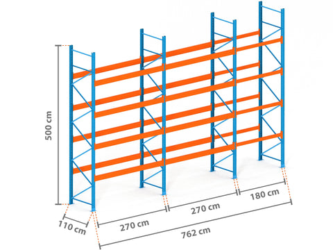 7.6m Palettenregal mit 9.000kg Feldlast | 110cm tief | 5.0m hoch | 4 Ebenen für 40 Europaletten