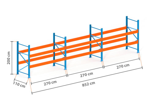 8.5m Palettenregal mit 9.000kg Feldlast | 110cm tief | 2.0m hoch | 2 Ebenen für 27 Europaletten