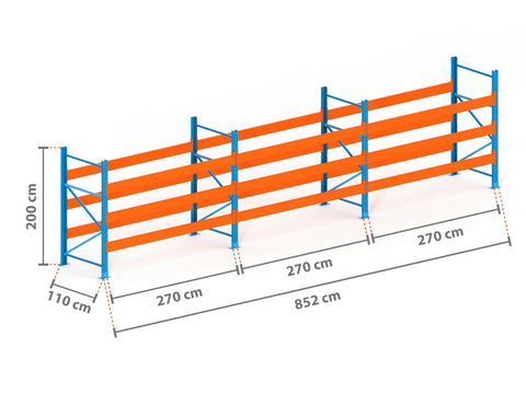 8.5m Palettenregal mit 9.000kg Feldlast | 110cm tief | 2.0m hoch | 3 Ebenen für 36 Europaletten