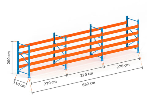 8.5m Palettenregal mit 9.000kg Feldlast | 110cm tief | 2.0m hoch | 4 Ebenen für 45 Europaletten