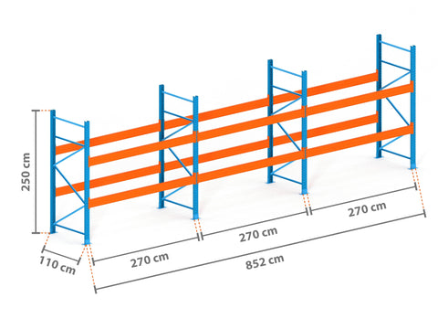 8.5m Palettenregal mit 9.000kg Feldlast | 110cm tief | 2.5m hoch | 2 Ebenen für 27 Europaletten