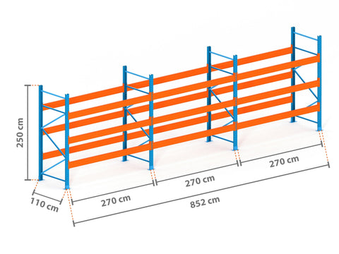 8.5m Palettenregal mit 9.000kg Feldlast | 110cm tief | 2.5m hoch | 3 Ebenen für 36 Europaletten