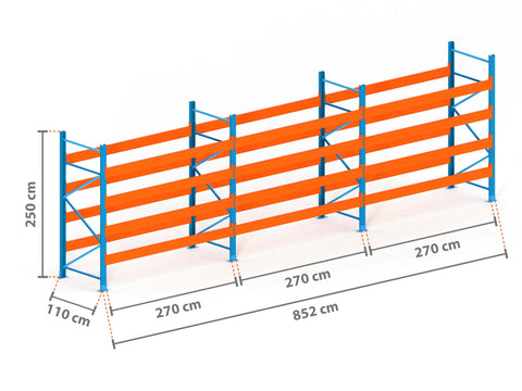 8.5m Palettenregal mit 9.000kg Feldlast | 110cm tief | 2.5m hoch | 4 Ebenen für 45 Europaletten