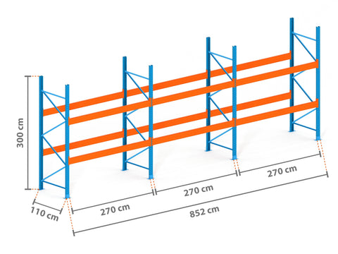 8.5m Palettenregal mit 9.000kg Feldlast | 110cm tief | 3.0m hoch | 2 Ebenen für 27 Europaletten