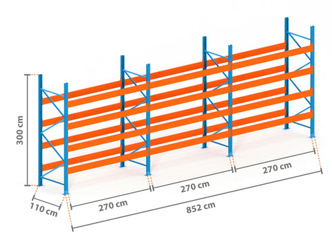 8.5m Palettenregal mit 9.000kg Feldlast | 110cm tief | 3.0m hoch | 4 Ebenen für 45 Europaletten