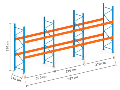 8.5m Palettenregal mit 9.000kg Feldlast | 110cm tief | 3.5m hoch | 2 Ebenen für 27 Europaletten
