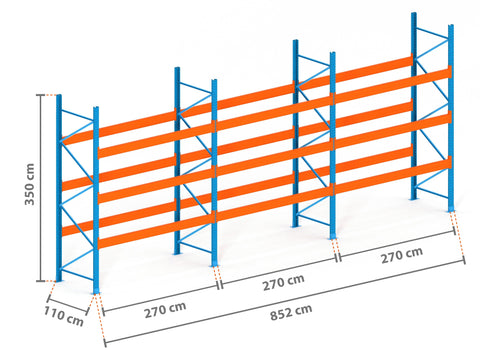 8.5m Palettenregal mit 9.000kg Feldlast | 110cm tief | 3.5m hoch | 3 Ebenen für 36 Europaletten