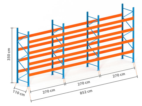 8.5m Palettenregal mit 9.000kg Feldlast | 110cm tief | 3.5m hoch | 4 Ebenen für 45 Europaletten