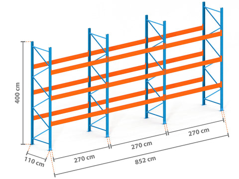 8.5m Palettenregal mit 9.000kg Feldlast | 110cm tief | 4.0m hoch | 3 Ebenen für 36 Europaletten