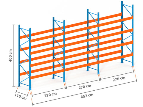 8.5m Palettenregal mit 9.000kg Feldlast | 110cm tief | 4.0m hoch | 4 Ebenen für 45 Europaletten