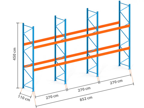8.5m Palettenregal mit 9.000kg Feldlast | 110cm tief | 4.5m hoch | 2 Ebenen für 27 Europaletten
