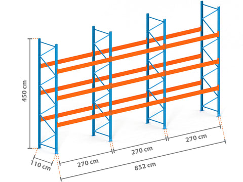 8.5m Palettenregal mit 9.000kg Feldlast | 110cm tief | 4.5m hoch | 3 Ebenen für 36 Europaletten